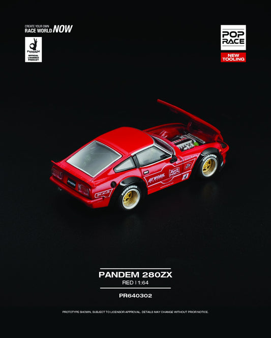 POP Race 1:64 Pandem 280ZX Red die-cast car featuring widebody fenders, red finish, and black performance detailing. back right image