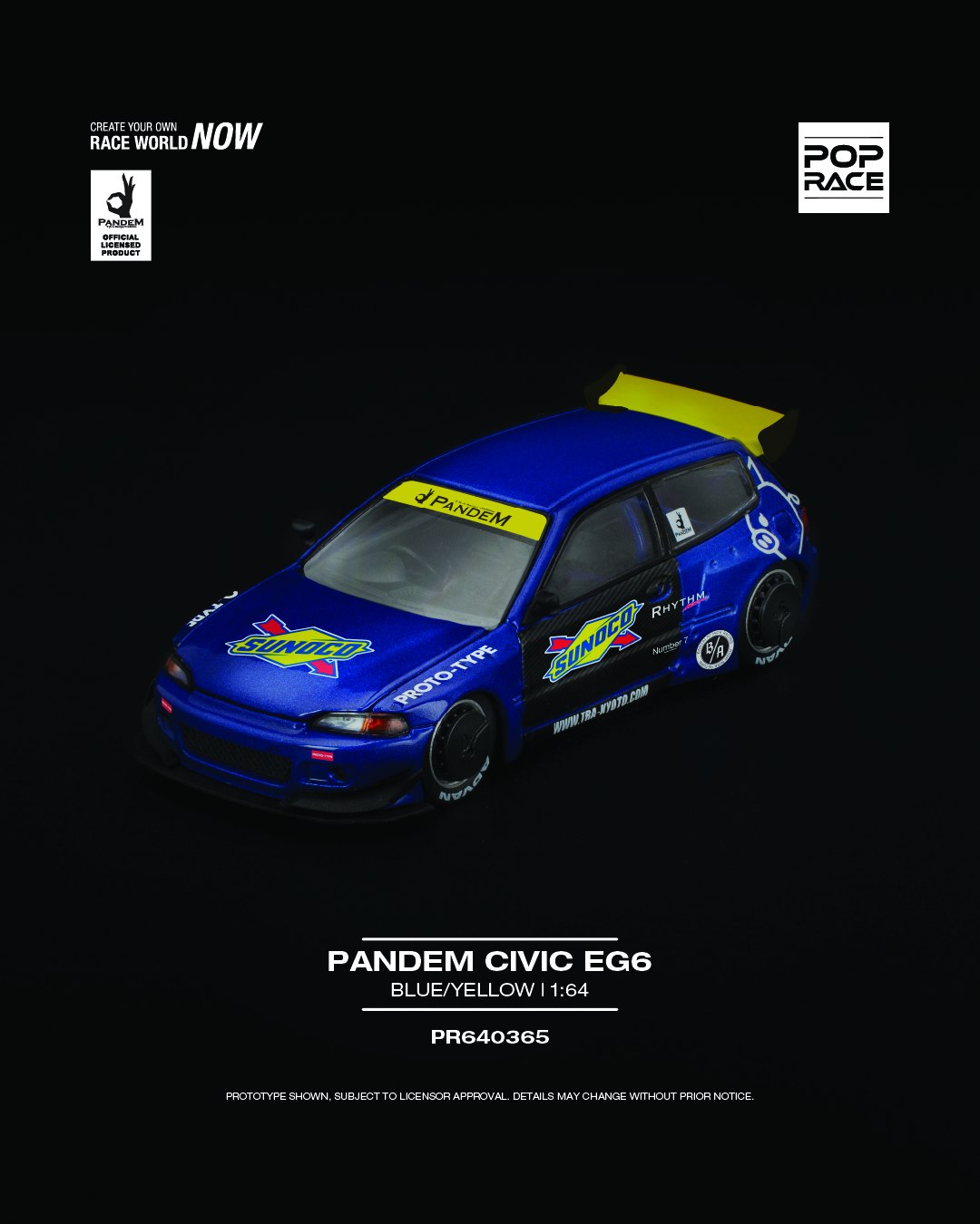 1:64 scale POP Race Pandem Honda Civic EG6 in blue and yellow livery with widebody kit. Front