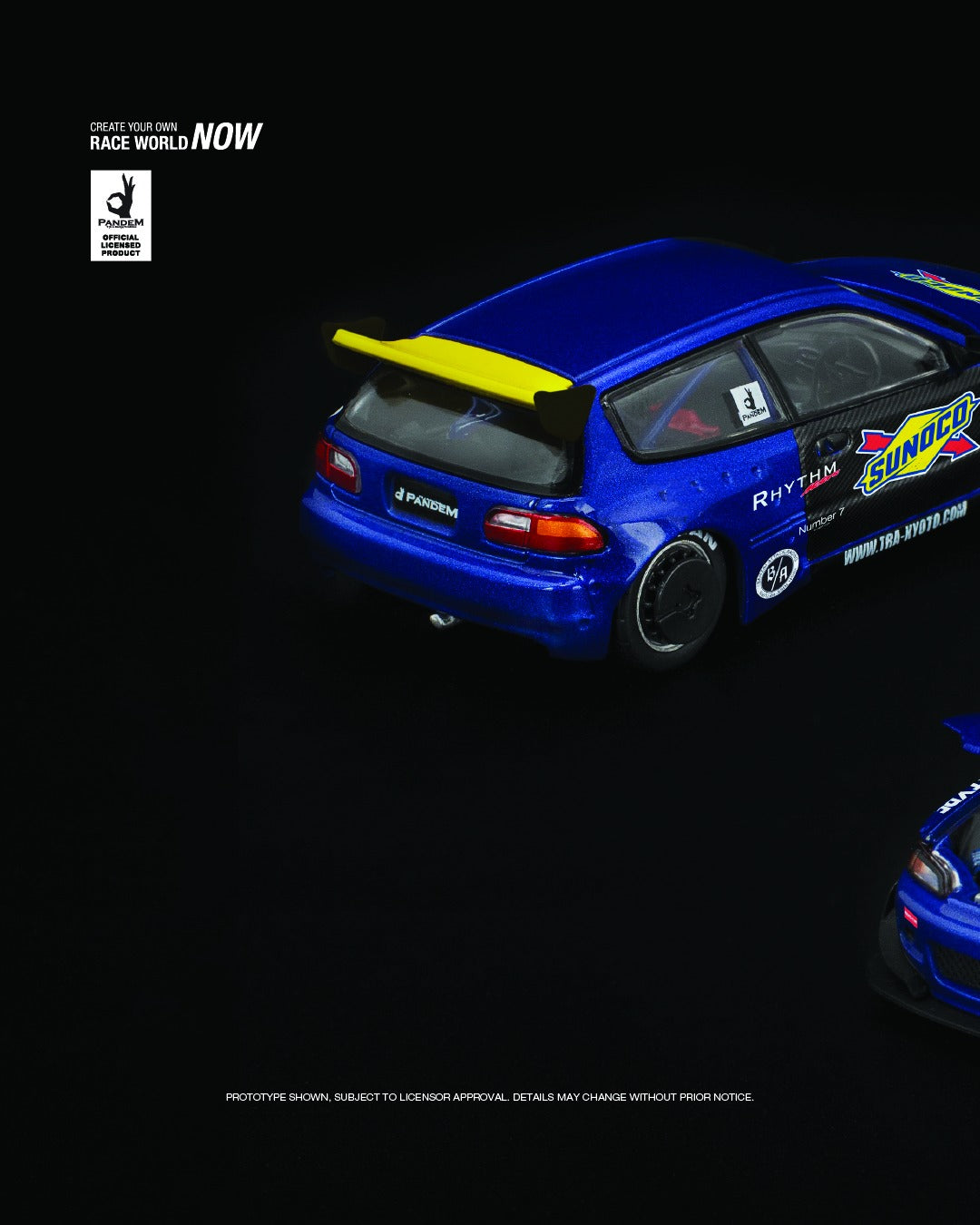 1:64 scale POP Race Pandem Honda Civic EG6 in blue and yellow livery with widebody kit. Left