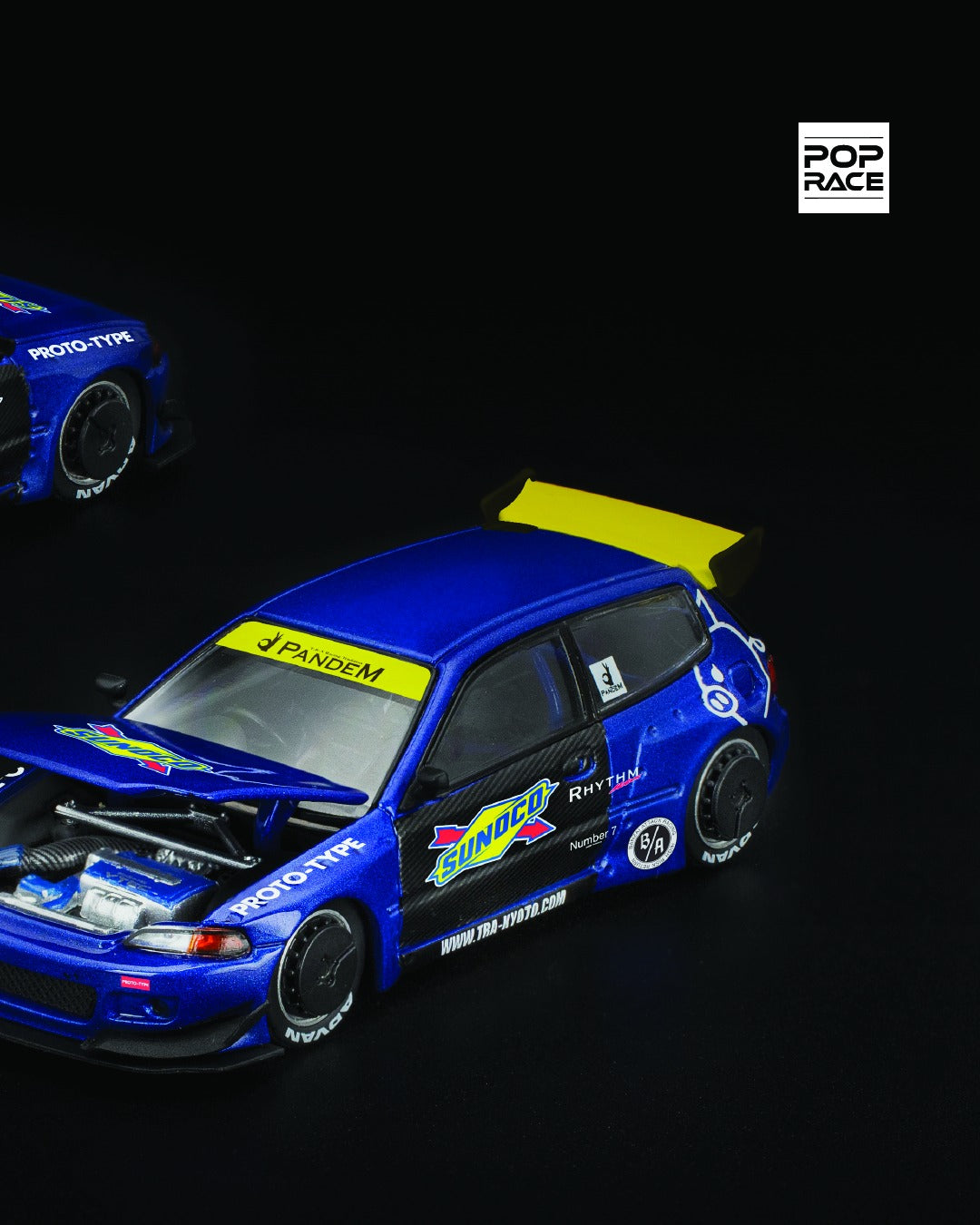 1:64 scale POP Race Pandem Honda Civic EG6 in blue and yellow livery with widebody kit. Right