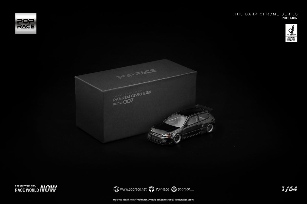 POP Race 1:64 Pandem Civic EG6 Dark Chrome Series – widebody JDM hatch in dark chrome metallic finish. with packaging