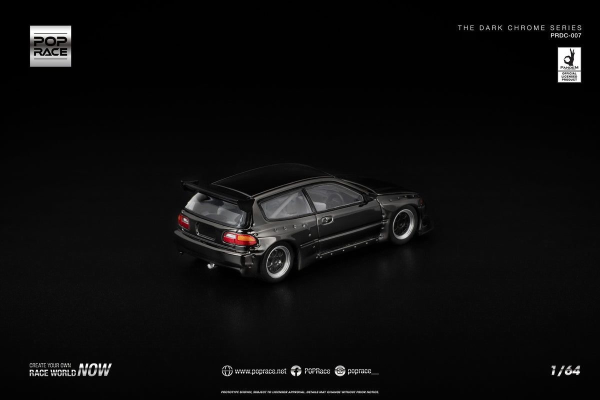 POP Race 1:64 Pandem Civic EG6 Dark Chrome Series – widebody JDM hatch in dark chrome metallic finish. Back