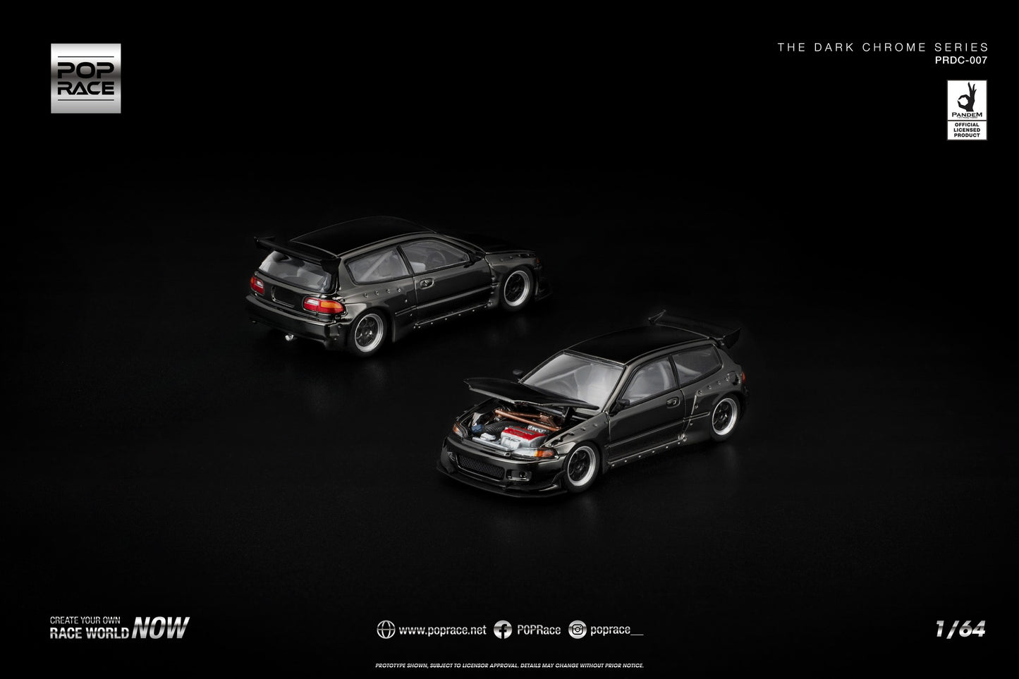 POP Race 1:64 Pandem Civic EG6 Dark Chrome Series – widebody JDM hatch in dark chrome metallic finish.