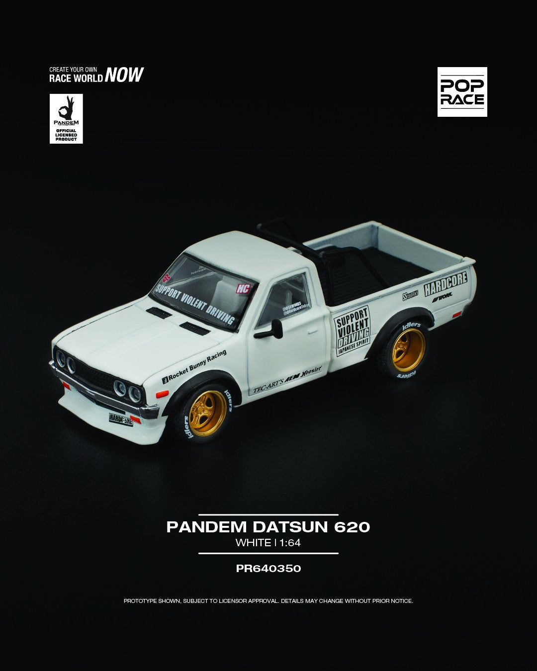 POP Race 1:64 Pandem Datsun 620 in white with widebody kit, lowered stance, and custom wheels. Front