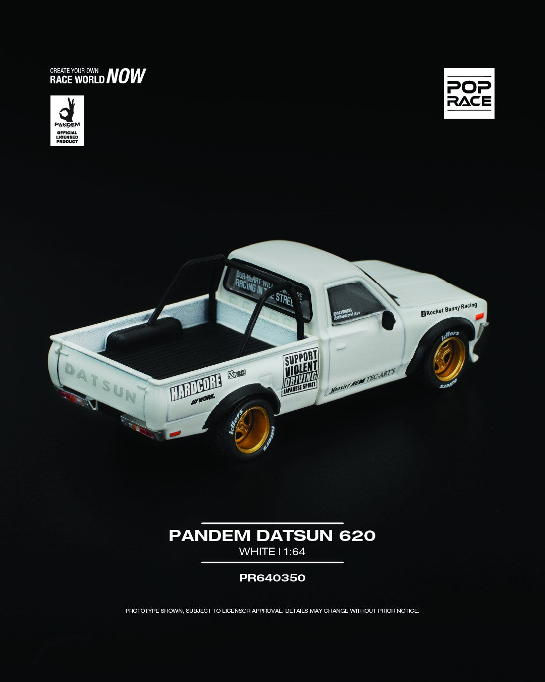 POP Race 1:64 Pandem Datsun 620 in white with widebody kit, lowered stance, and custom wheels. Back
