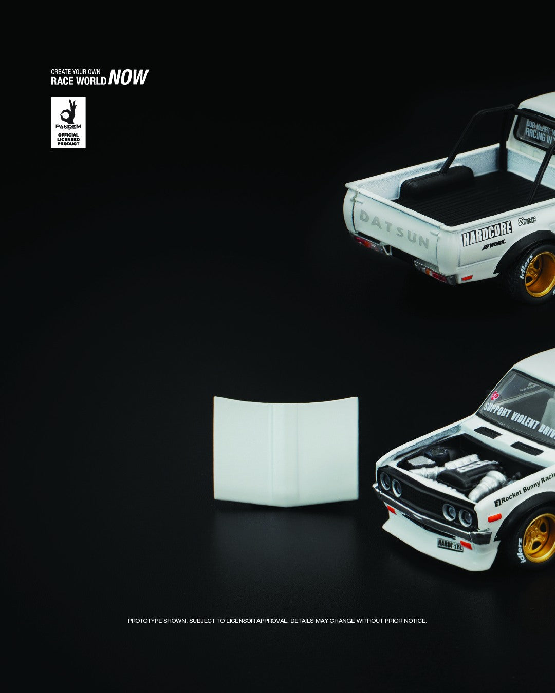 POP Race 1:64 Pandem Datsun 620 in white with widebody kit, lowered stance, and custom wheels. Left