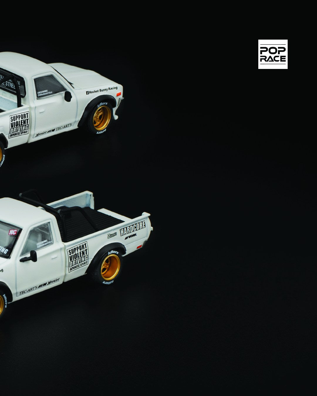 POP Race 1:64 Pandem Datsun 620 in white with widebody kit, lowered stance, and custom wheels. Right