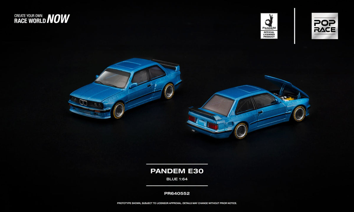 POP Race PANDEM BMW E30 in Laguna Seca Blue with forward-opening hood and detailed engine in 1:64 scale.