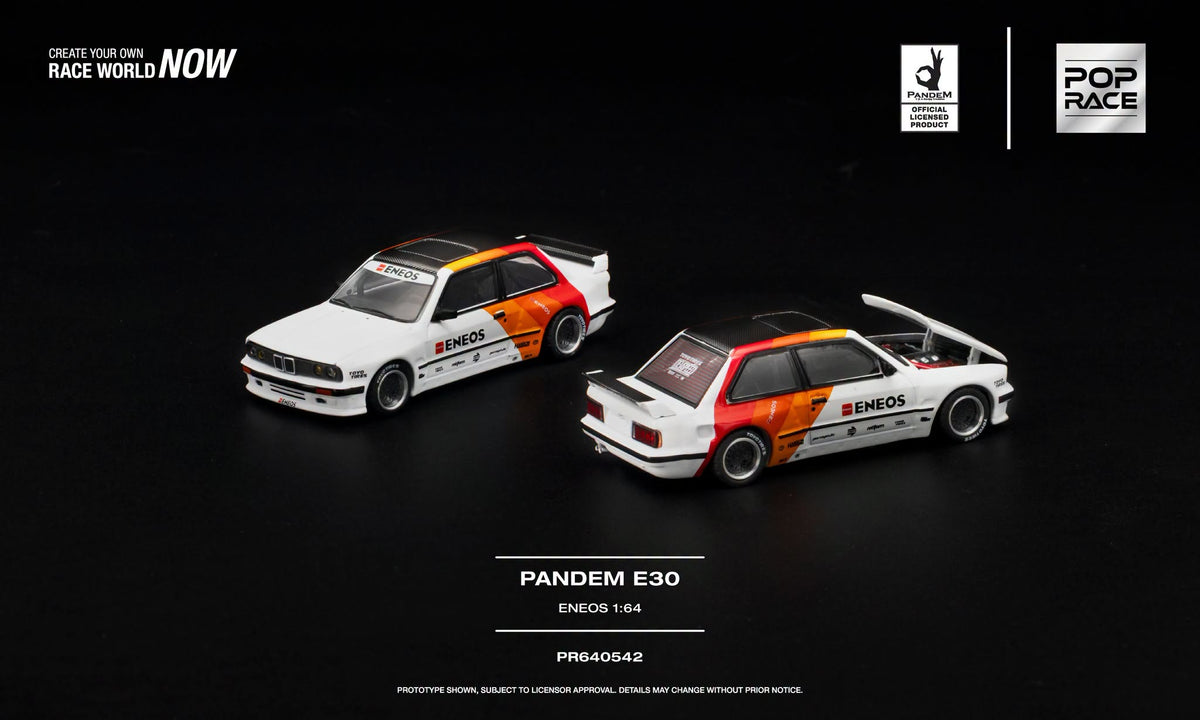 POP Race 1:64 PANDEM BMW E30 Eneos with widebody styling, opening hood and detailed engine.
