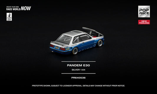 POP Race BMW E30 Coupe Pandem in silver and blue with opening hood and detailed engine. Back