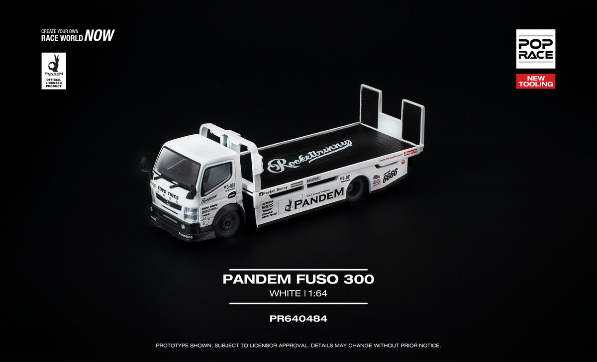 POP Race 1:64 Pandem Fuso 300 flatbed transporter white new tooling diecast truck with movable bed. Front