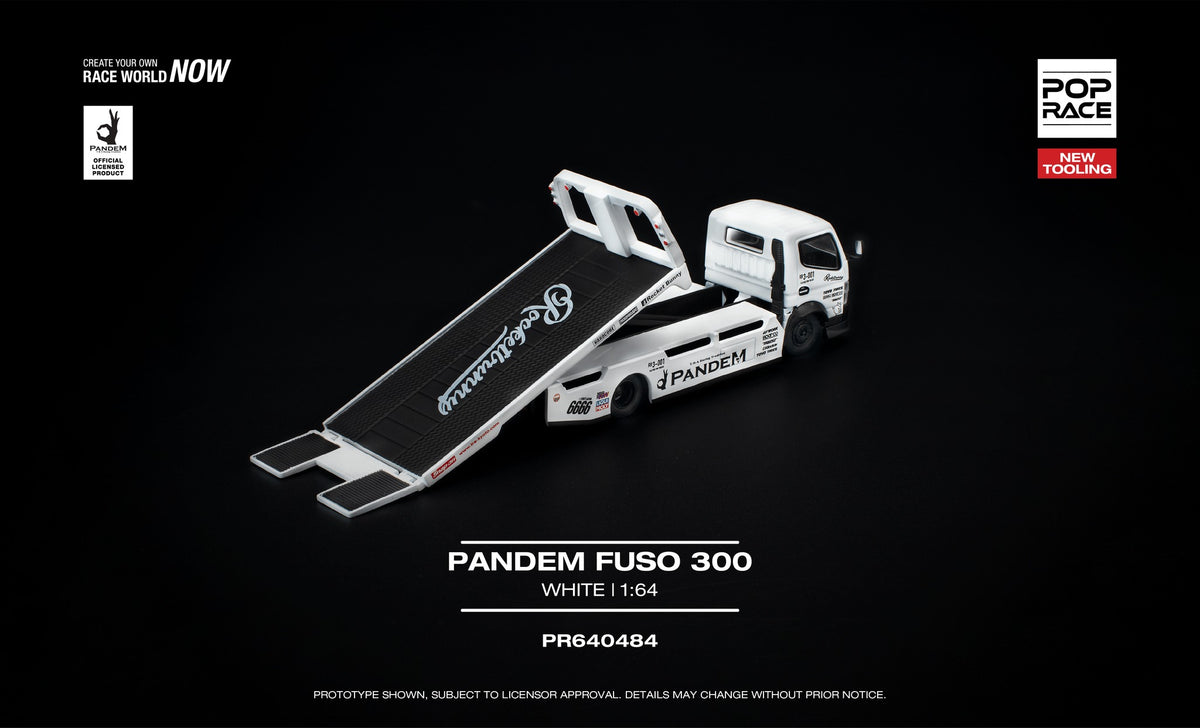 POP Race 1:64 Pandem Fuso 300 flatbed transporter white new tooling diecast truck with movable bed. Back