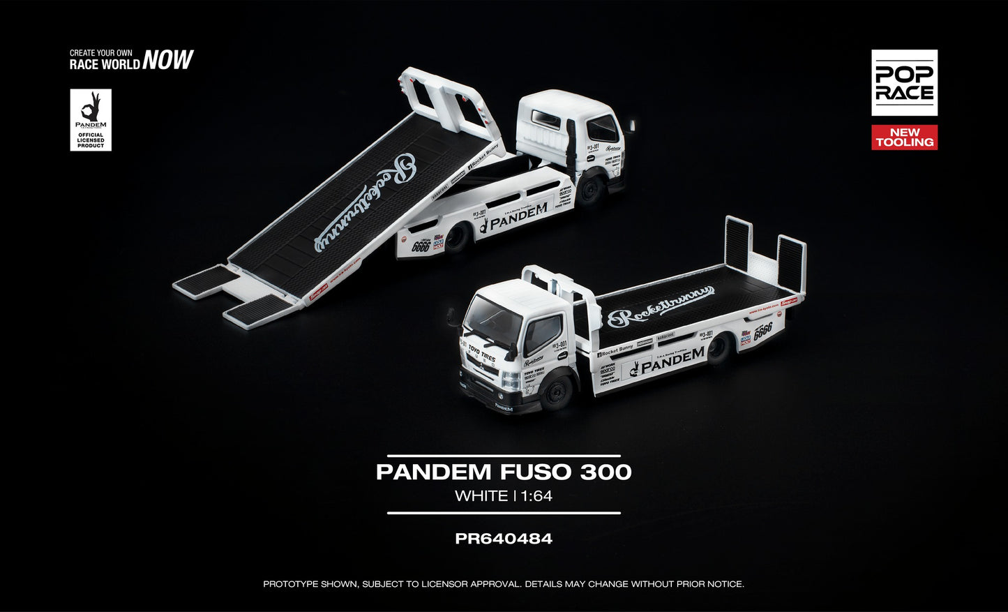 POP Race 1:64 Pandem Fuso 300 flatbed transporter white new tooling diecast truck with movable bed
