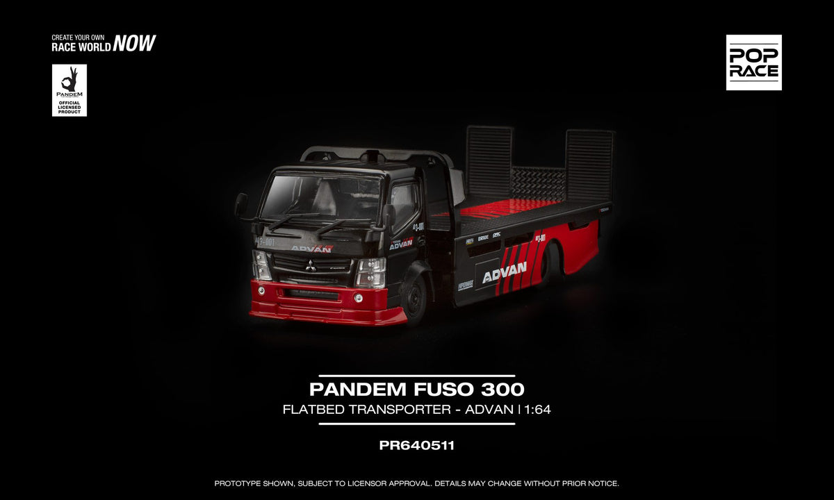 POP Race Pandem Fuso 300 Flatbed Transporter ADVAN livery 1:64. Front
