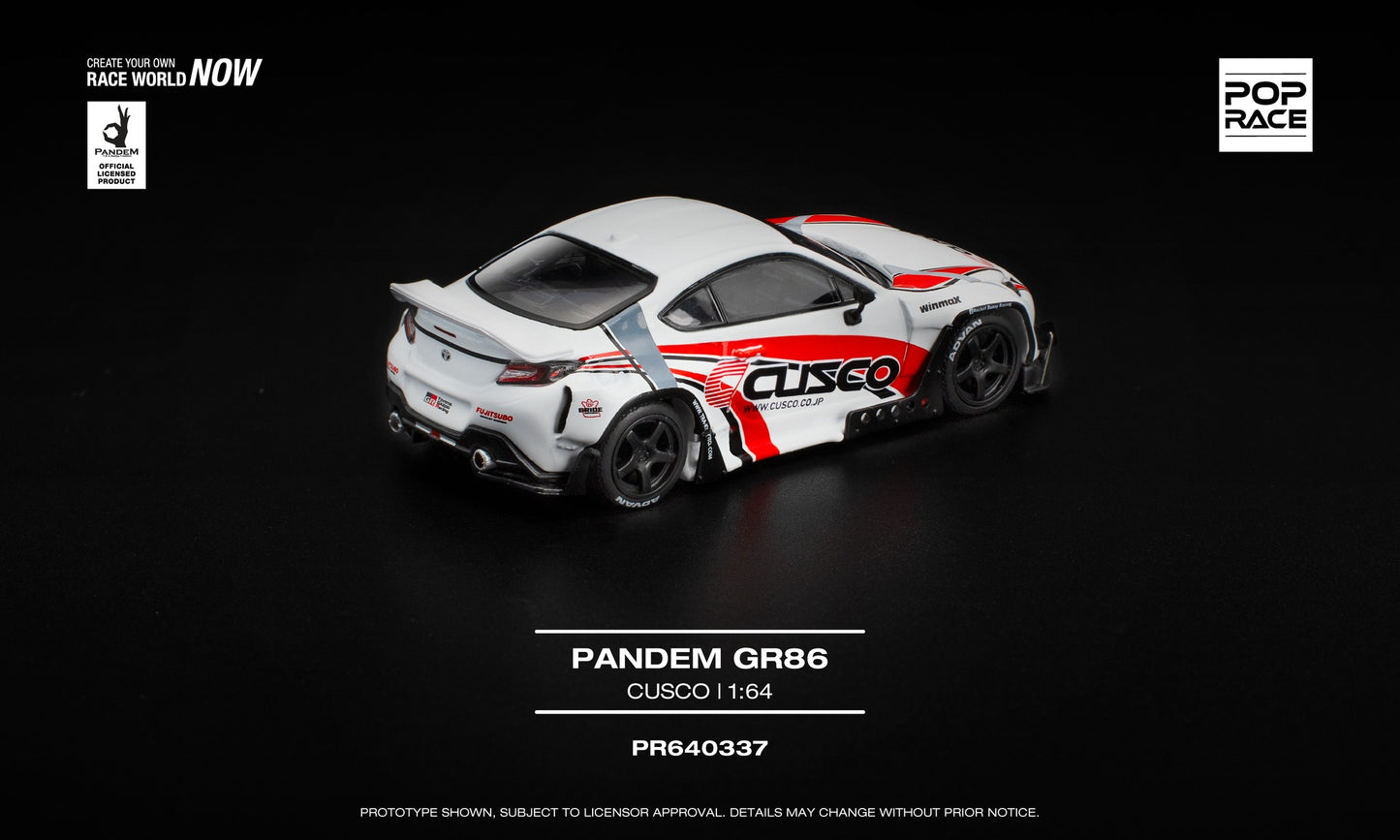 POP Race 1:64 Pandem GR86 Cusco diecast model car in widebody racing livery. Back