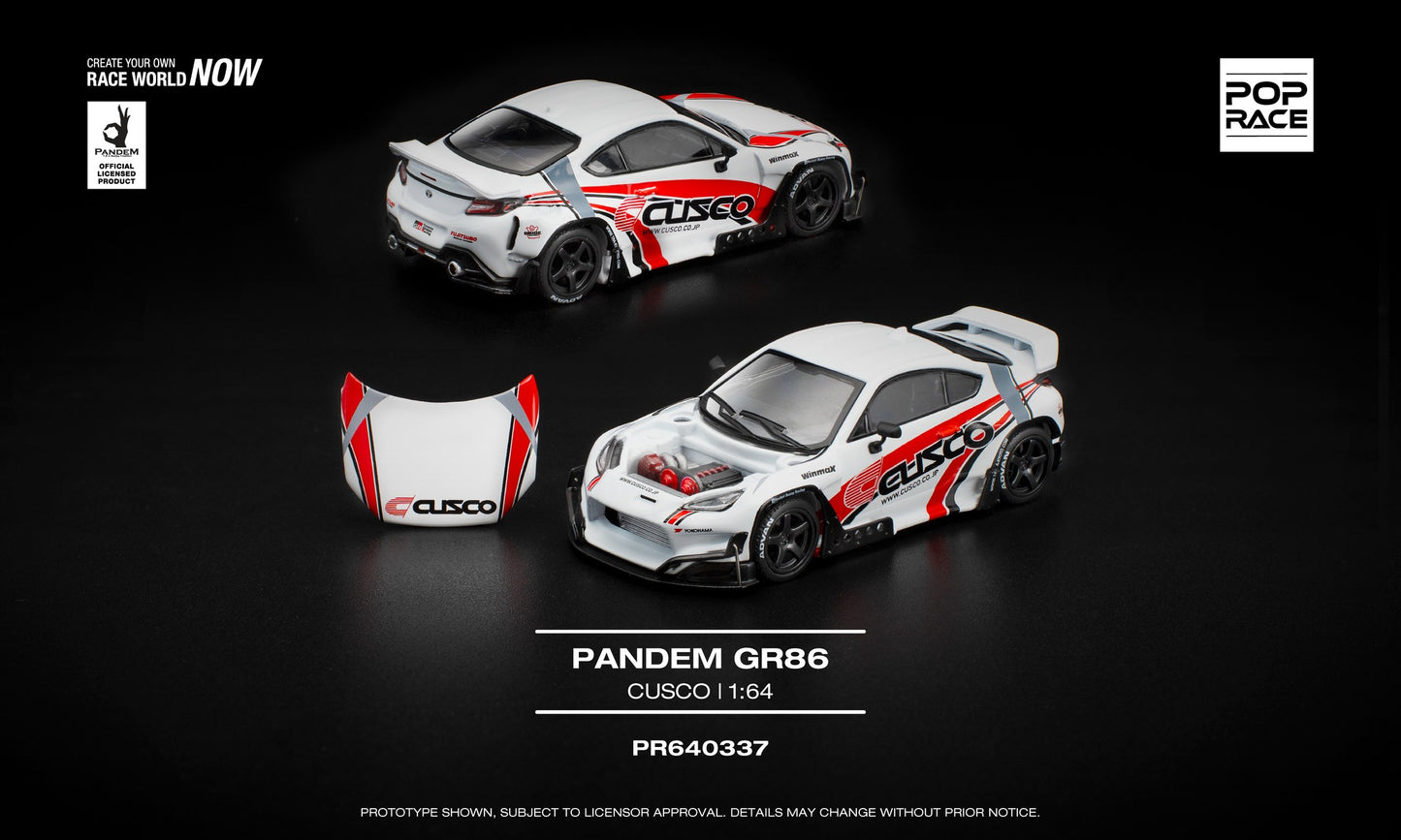 POP Race 1:64 Pandem GR86 Cusco diecast model car in widebody racing livery