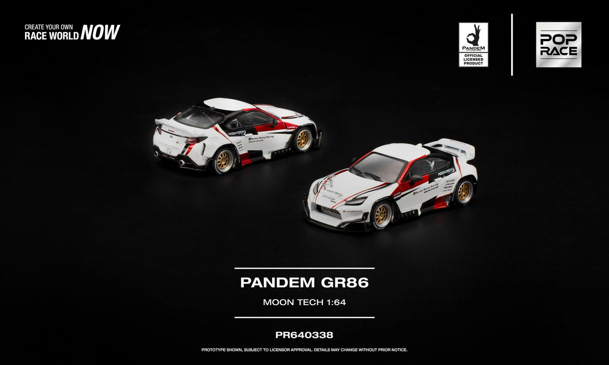 POP Race 1:64 PANDEM GR86 Moon Tech in white, red and black Rocket Bunny Racing livery with removable hood.