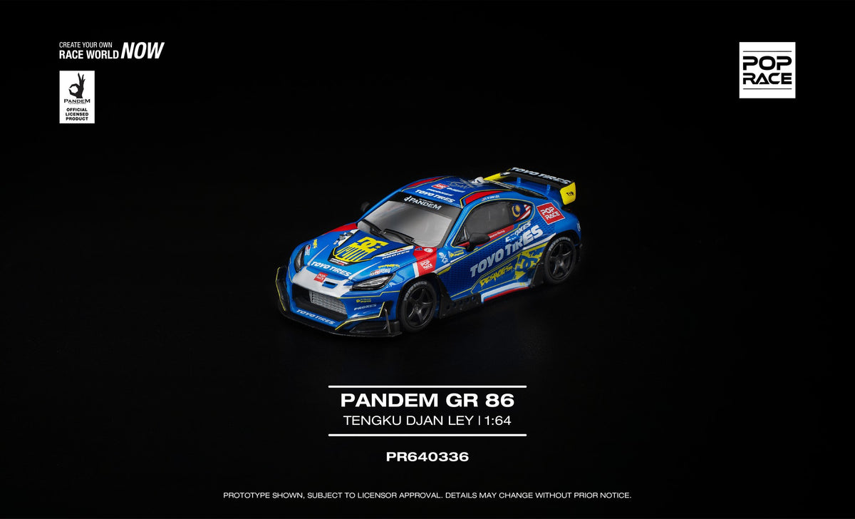 POP Race 1:64 Pandem Toyota GR86 Tengku Djan Ley drift car widebody diecast model. Front