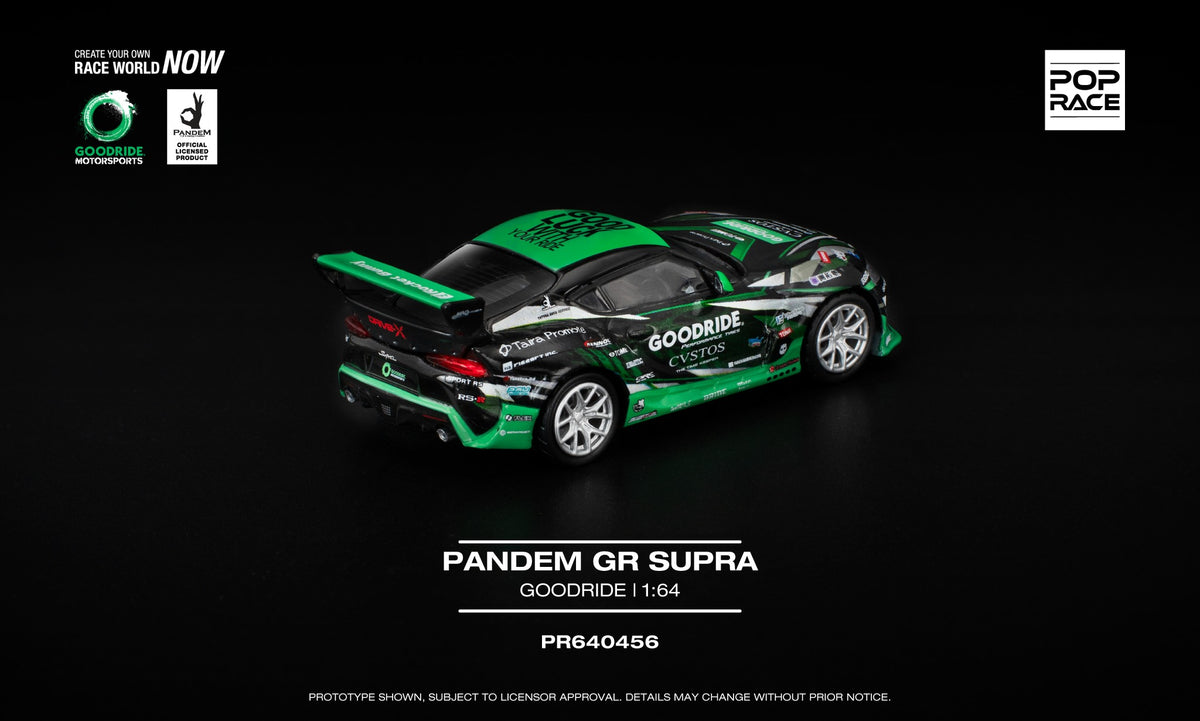 POP Race 1:64 Pandem GR Supra Goodride in team green, black, and white livery with widebody kit and race details. Back