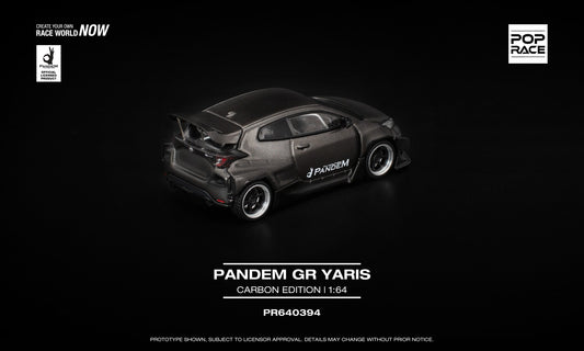 POP Race 1:64 Pandem GR Yaris Carbon Edition in full simulated carbon-fiber finish with wide-body Pandem kit and aggressive rally stance. Back