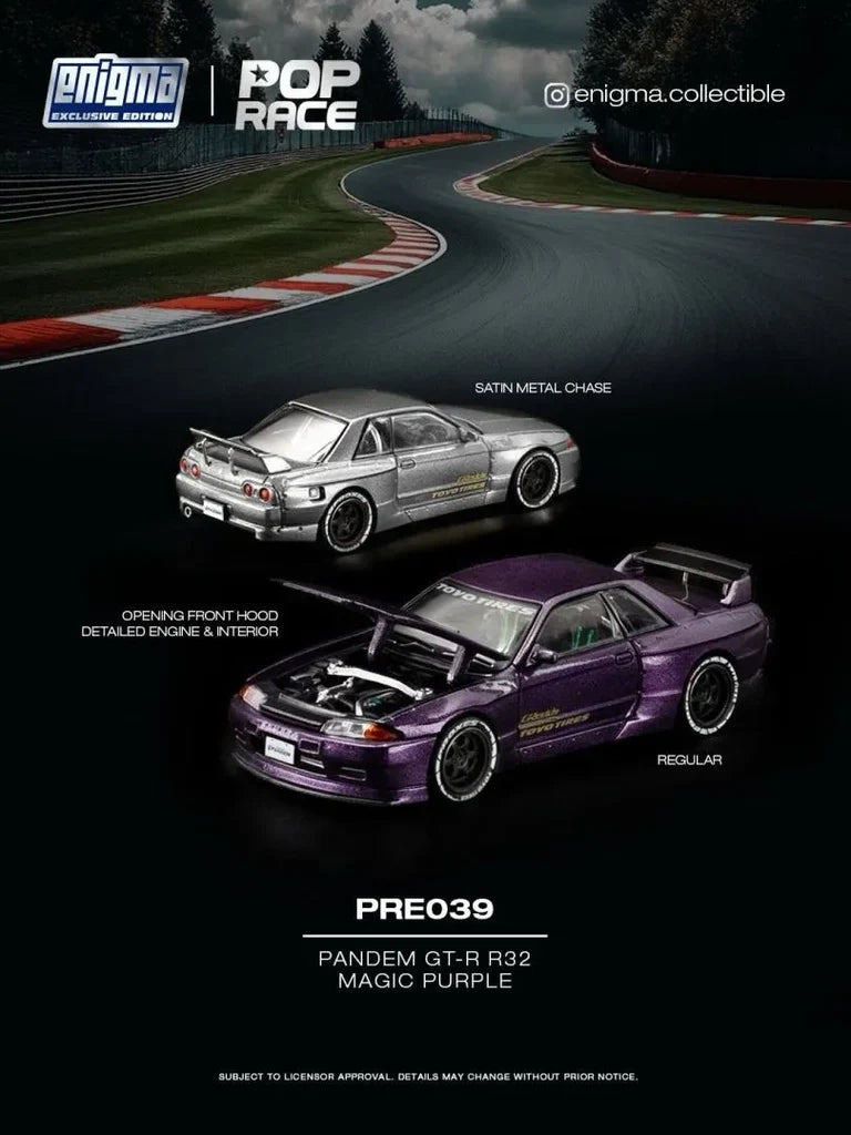 POP Race x Enigma Exclusive PANDEM Nissan Skyline GT-R R32 Magic Purple with opening hood in 1:64 scale.