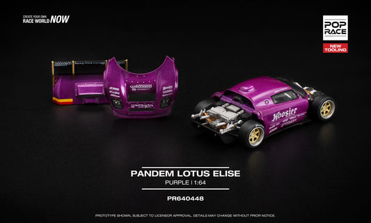 POP Race 1:64 Pandem Lotus Elise Purple with removable front and rear parts, detailed engine, and gold-accented spoiler. Back
