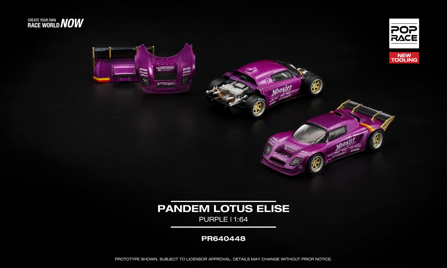 POP Race 1:64 Pandem Lotus Elise Purple with removable front and rear parts, detailed engine, and gold-accented spoiler.