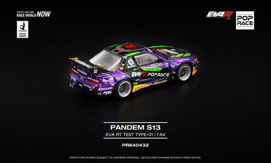 POP Race 1:64 Pandem S13 Eva RT Test Type-01 in reflective chrome, showcasing front-opening hood with detailed engine and wide-body Pandem kit. Back