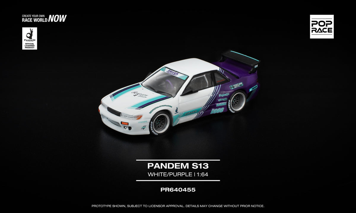 1:64 POP Race Pandem Nissan Silvia S13 White/Purple with teal decals and opening front. Front