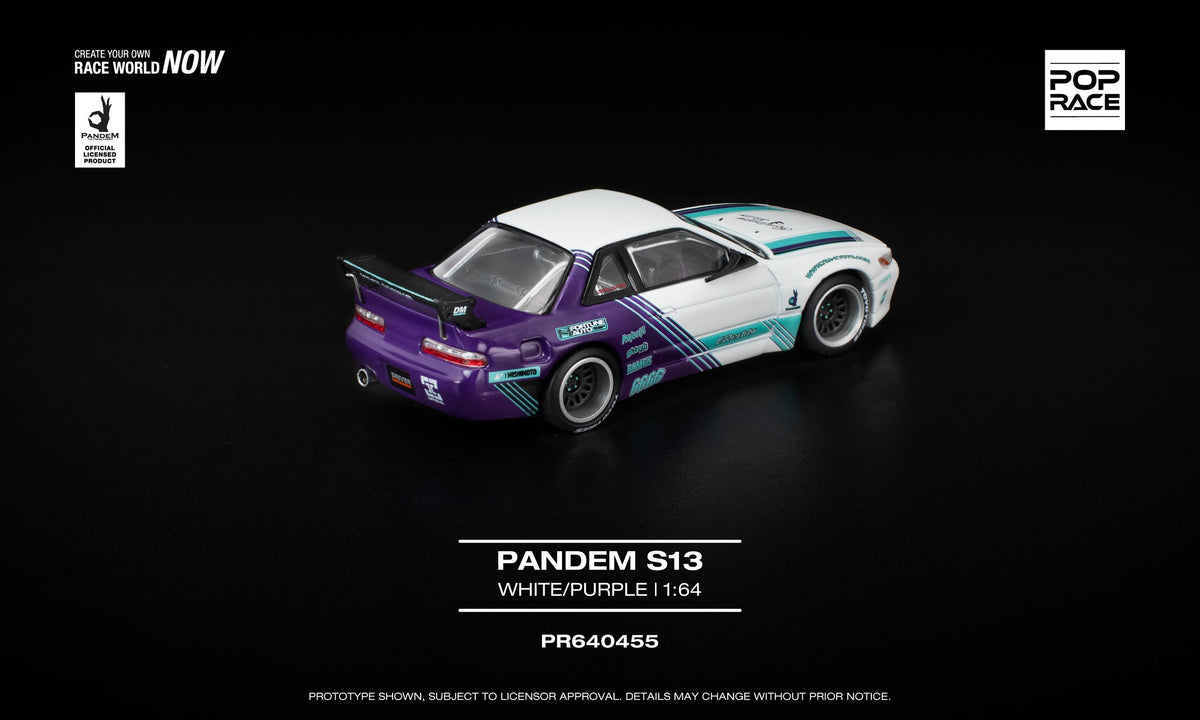 1:64 POP Race Pandem Nissan Silvia S13 White/Purple with teal decals and opening front. Back
