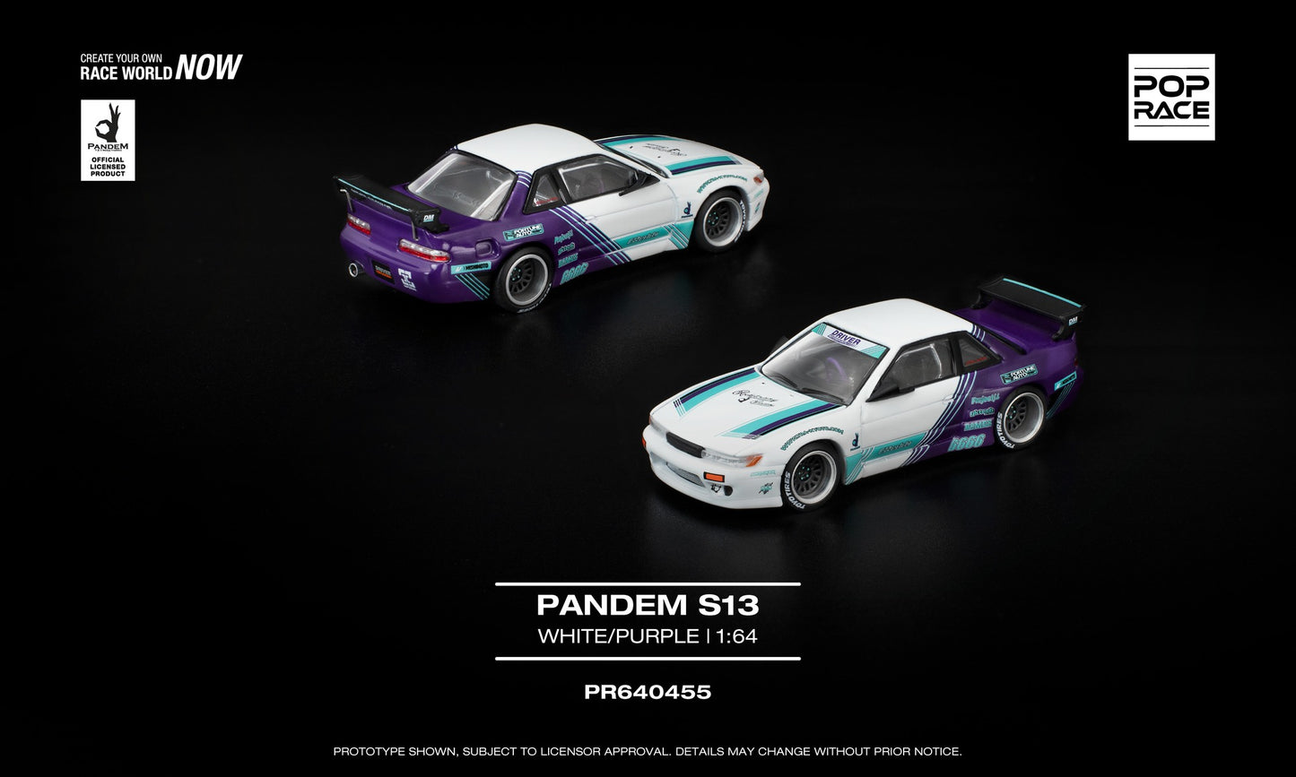 1:64 POP Race Pandem Nissan Silvia S13 White/Purple with teal decals and opening front.
