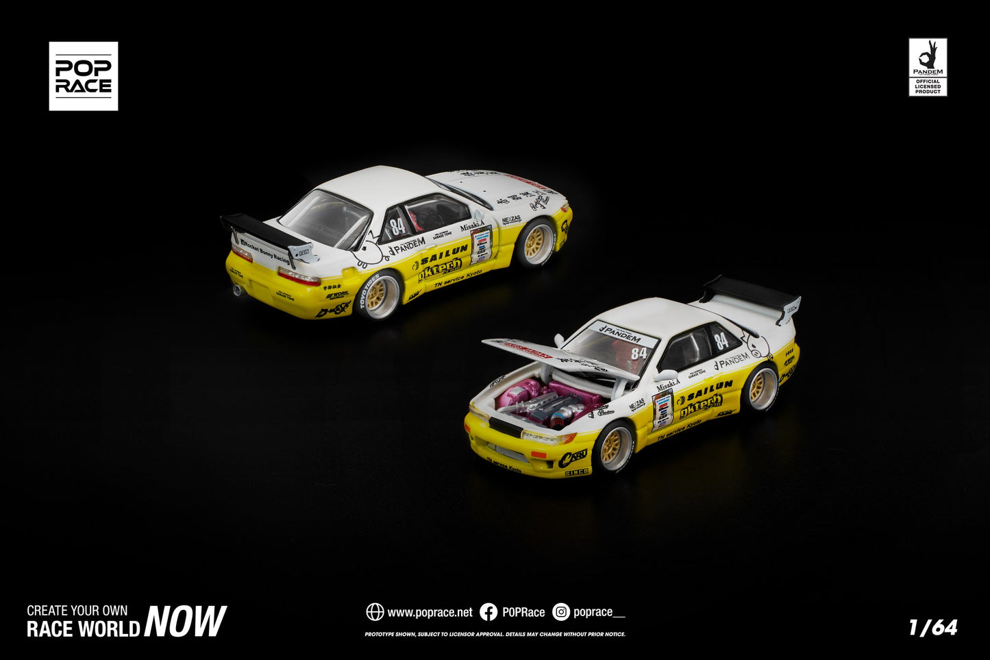 1:64 POP Race Pandem S13 in bright yellow with wide-body kit, stanced wheels, and display case.