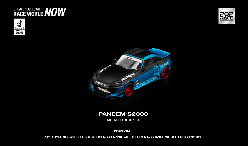 POP Race Pandem S2000 metallic blue opening hood engine detail 1:64. Front