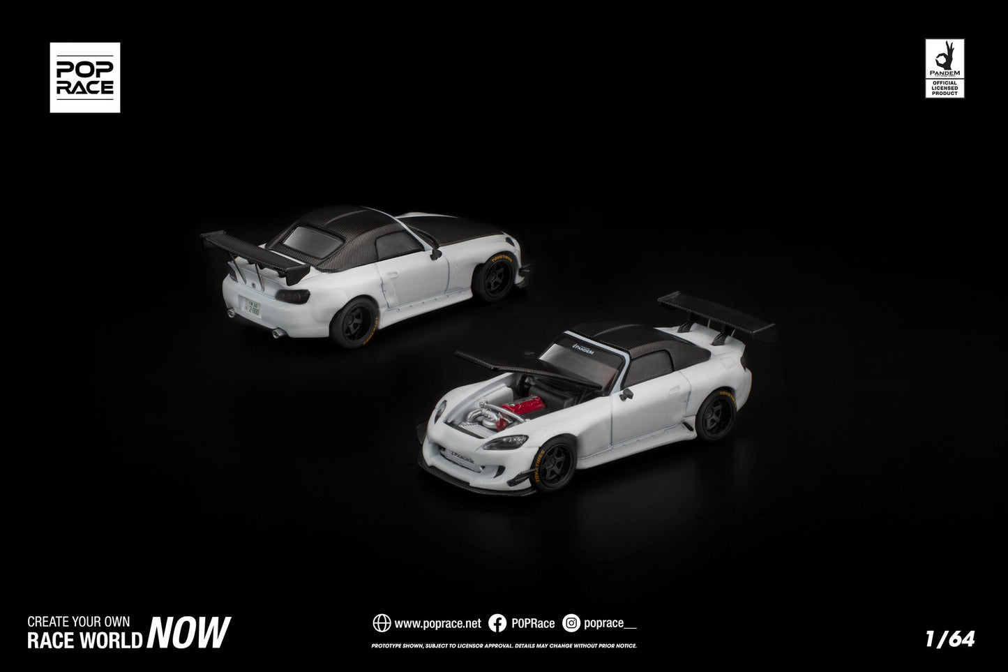 1:64 POP Race Pandem S2000 in white with carbon-style hood, widebody kit, and detailed wheels in display case.