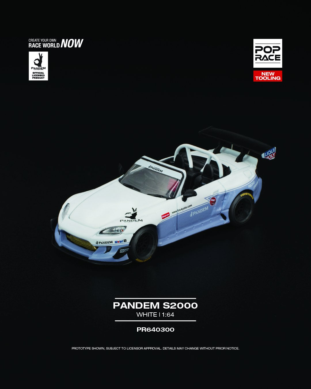 POP Race 1:64 scale white Honda S2000 with Pandem widebody kit, black accents, and detailed wheels. Front