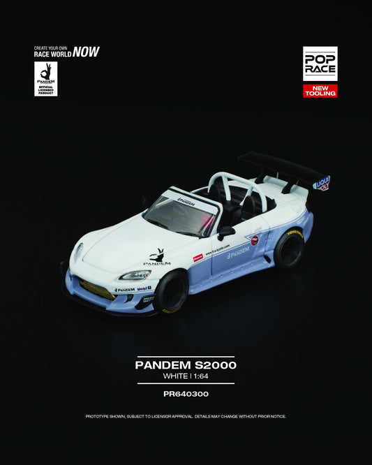 POP Race 1:64 scale white Honda S2000 with Pandem widebody kit, black accents, and detailed wheels. Front