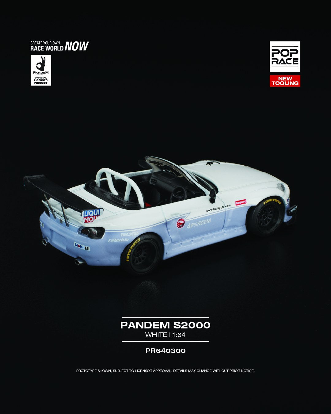 POP Race 1:64 scale white Honda S2000 with Pandem widebody kit, black accents, and detailed wheels. Back