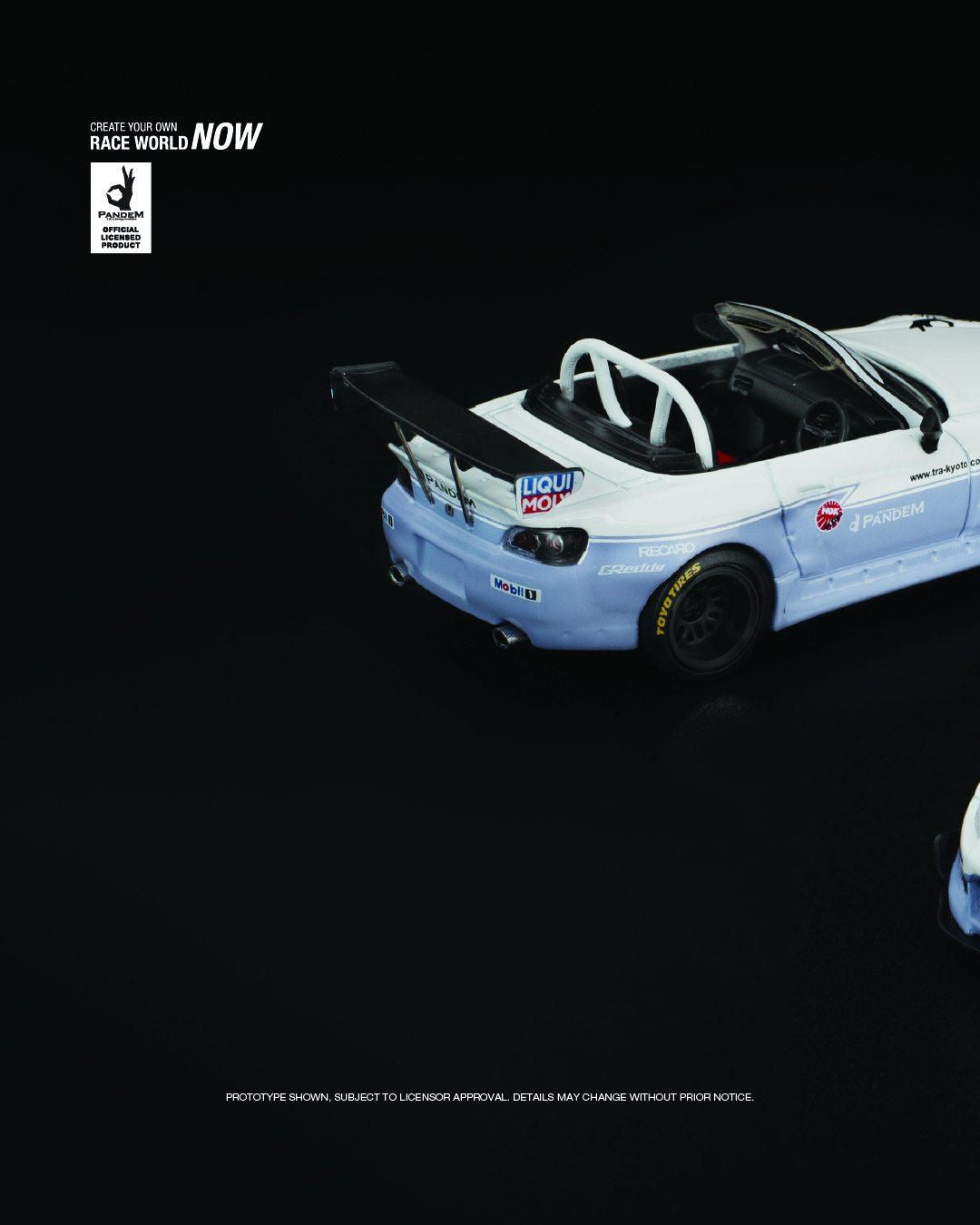 POP Race 1:64 scale white Honda S2000 with Pandem widebody kit, black accents, and detailed wheels. Left