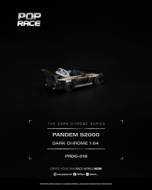 POP Race PANDEM Honda S2000 Dark Chrome Series with open top, opening hood and detailed engine in 1:64 scale.