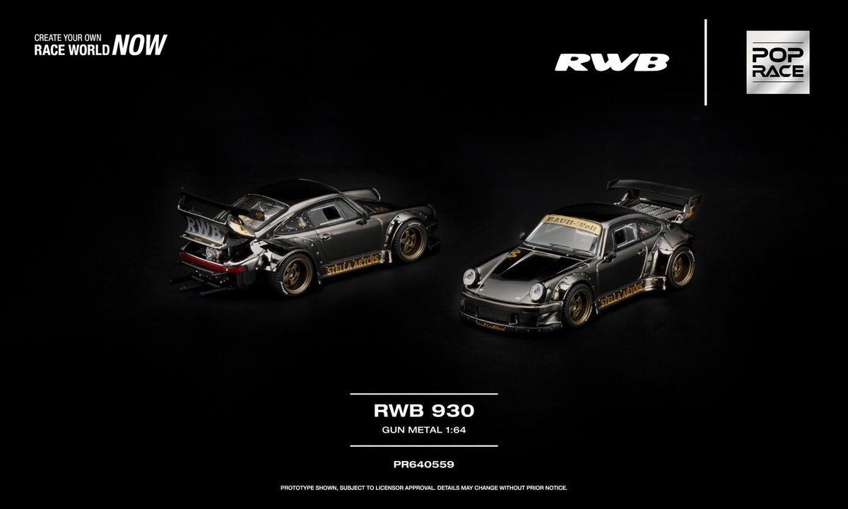 POP Race RWB 930 Gun Metal inspired by Stella Artois with opening engine cover and detailed air-cooled engine.