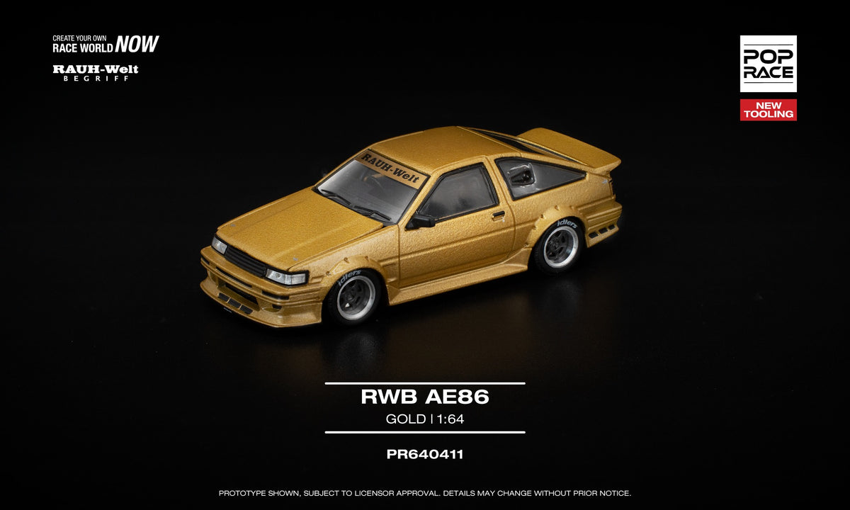 1:64 POP Race RWB AE86 Gold – matte gold widebody die-cast model with opening hood. Front