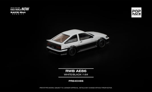 POP Race RWB AE86 white black opening hood engine detail 1:64. Back
