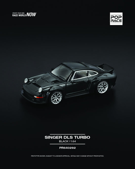 POP Race 1:64 Singer DLS Turbo Black die-cast model – custom Porsche styling with black finish and performance design cues. front left image