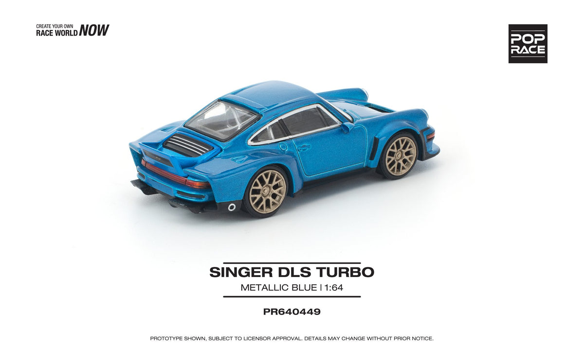 1:64 POP Race Singer DLS Turbo Metallic Blue – metallic blue die-cast model with matte gold wheels. Back