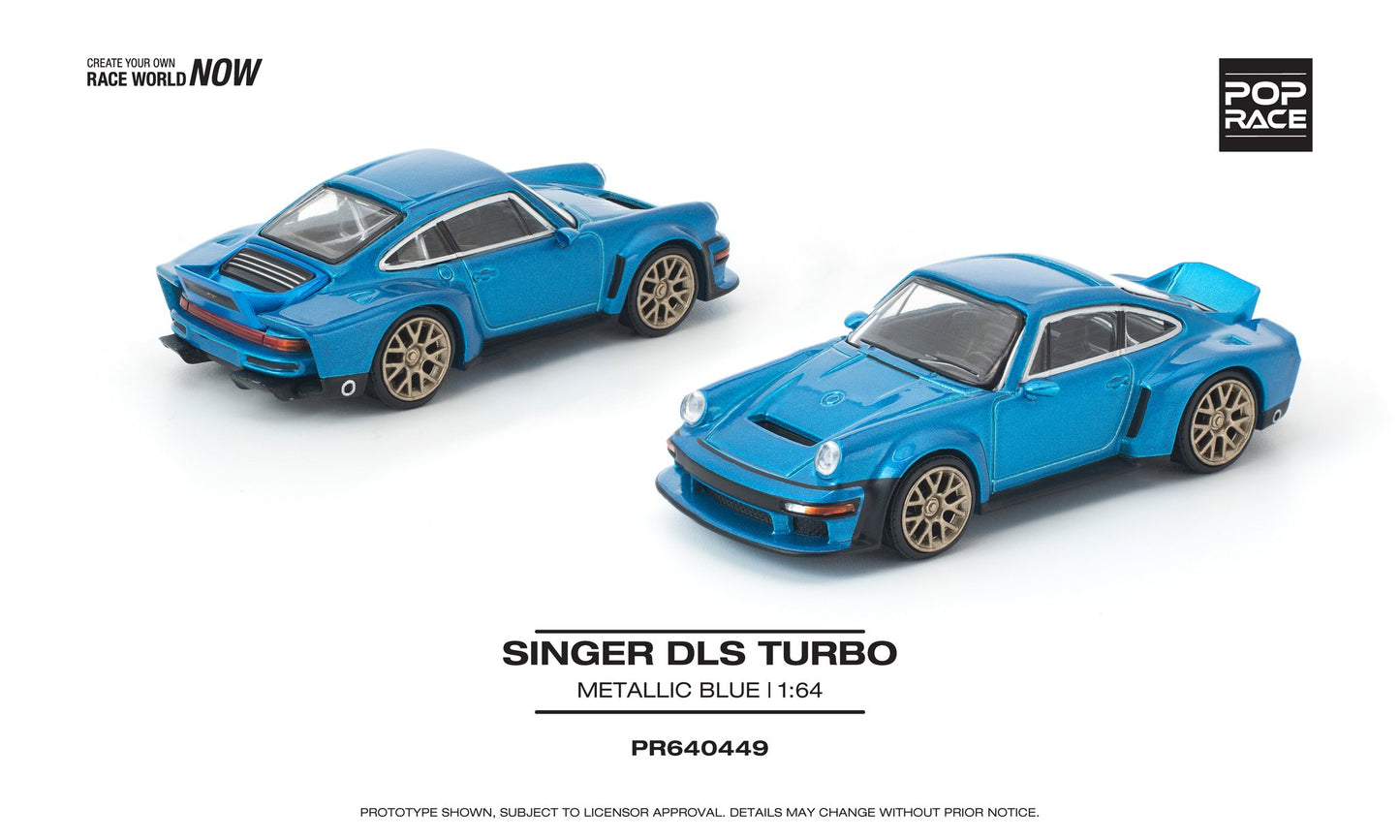 1:64 POP Race Singer DLS Turbo Metallic Blue – metallic blue die-cast model with matte gold wheels.