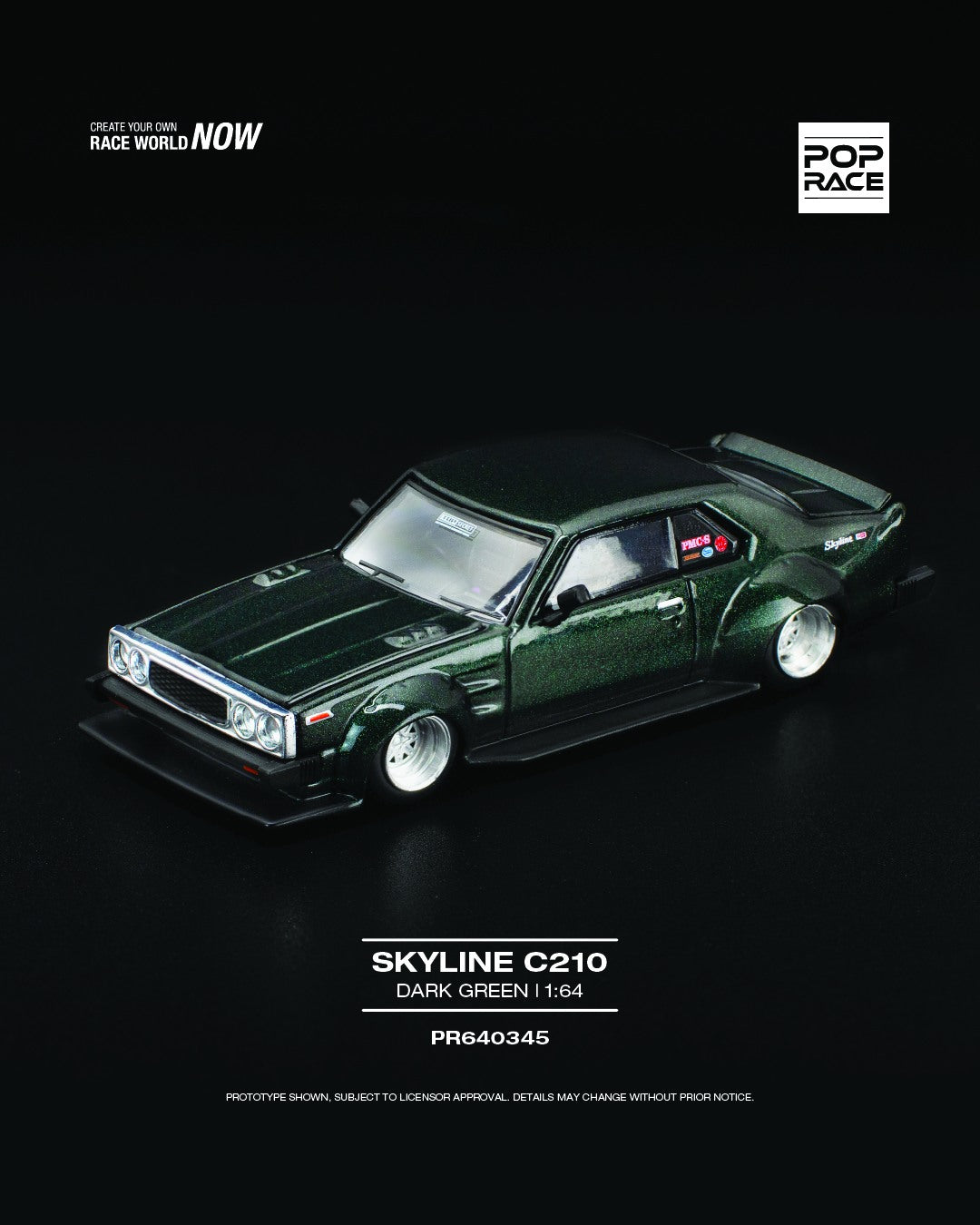 1:64 POP Race Nissan Skyline C210 diecast model in classic retro styling with chrome trim and vintage wheels. Front