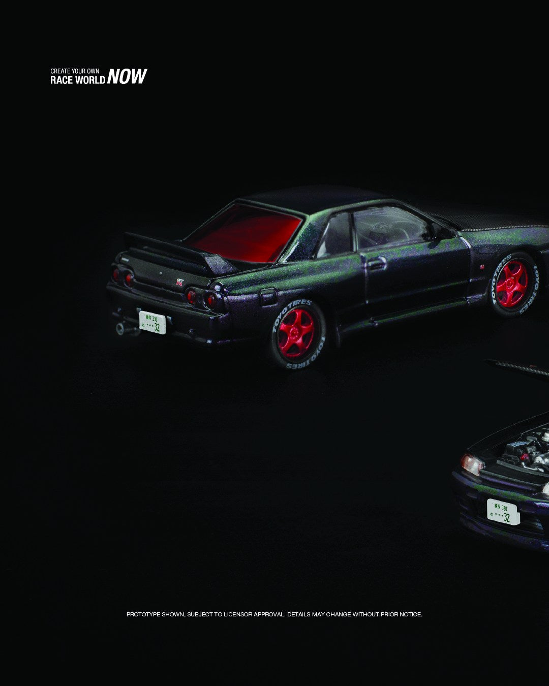 POP Race Nissan Skyline GT-R R32 diecast model with Ghost Chameleon paint in 1:64 scale. Left