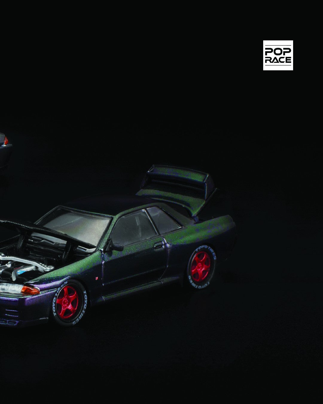 POP Race Nissan Skyline GT-R R32 diecast model with Ghost Chameleon paint in 1:64 scale. Right