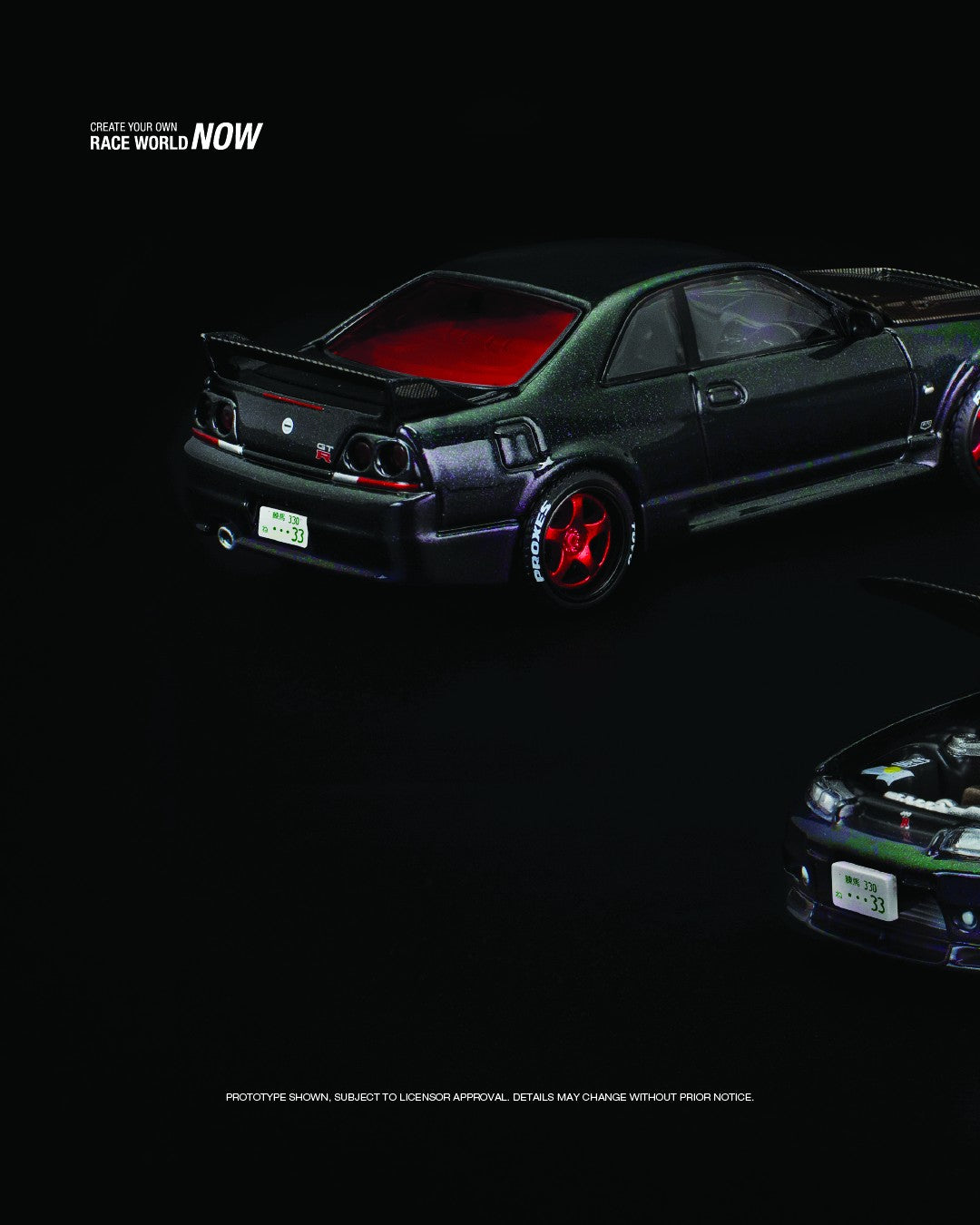 POP Race 1:64 Nissan Skyline GT-R R33 diecast with Ghost Chameleon paint and premium details. Left