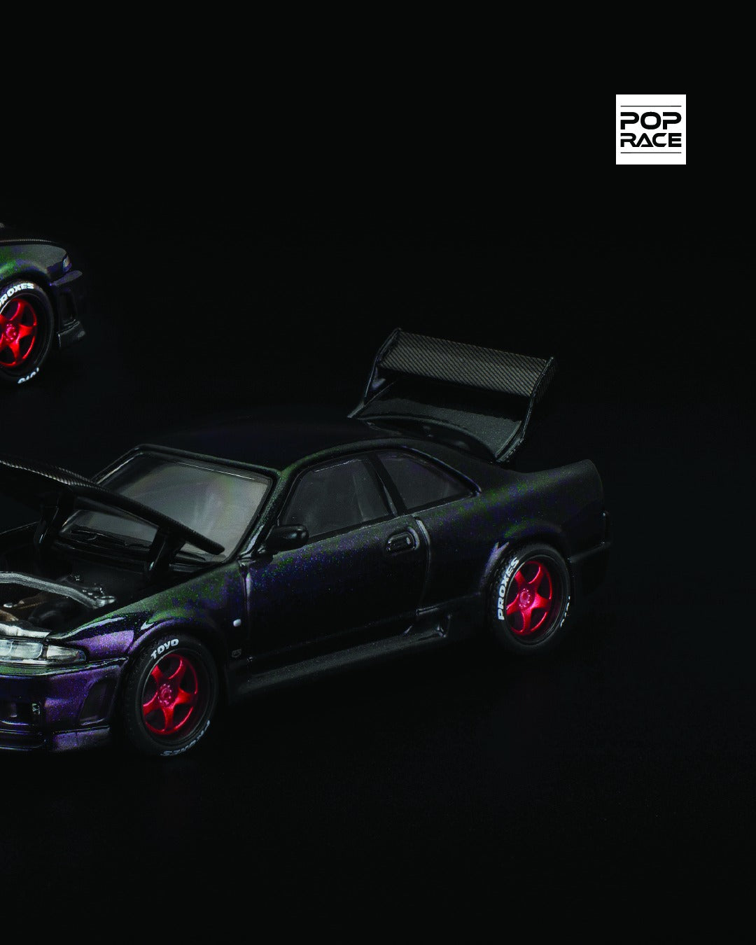 POP Race 1:64 Nissan Skyline GT-R R33 diecast with Ghost Chameleon paint and premium details. Right